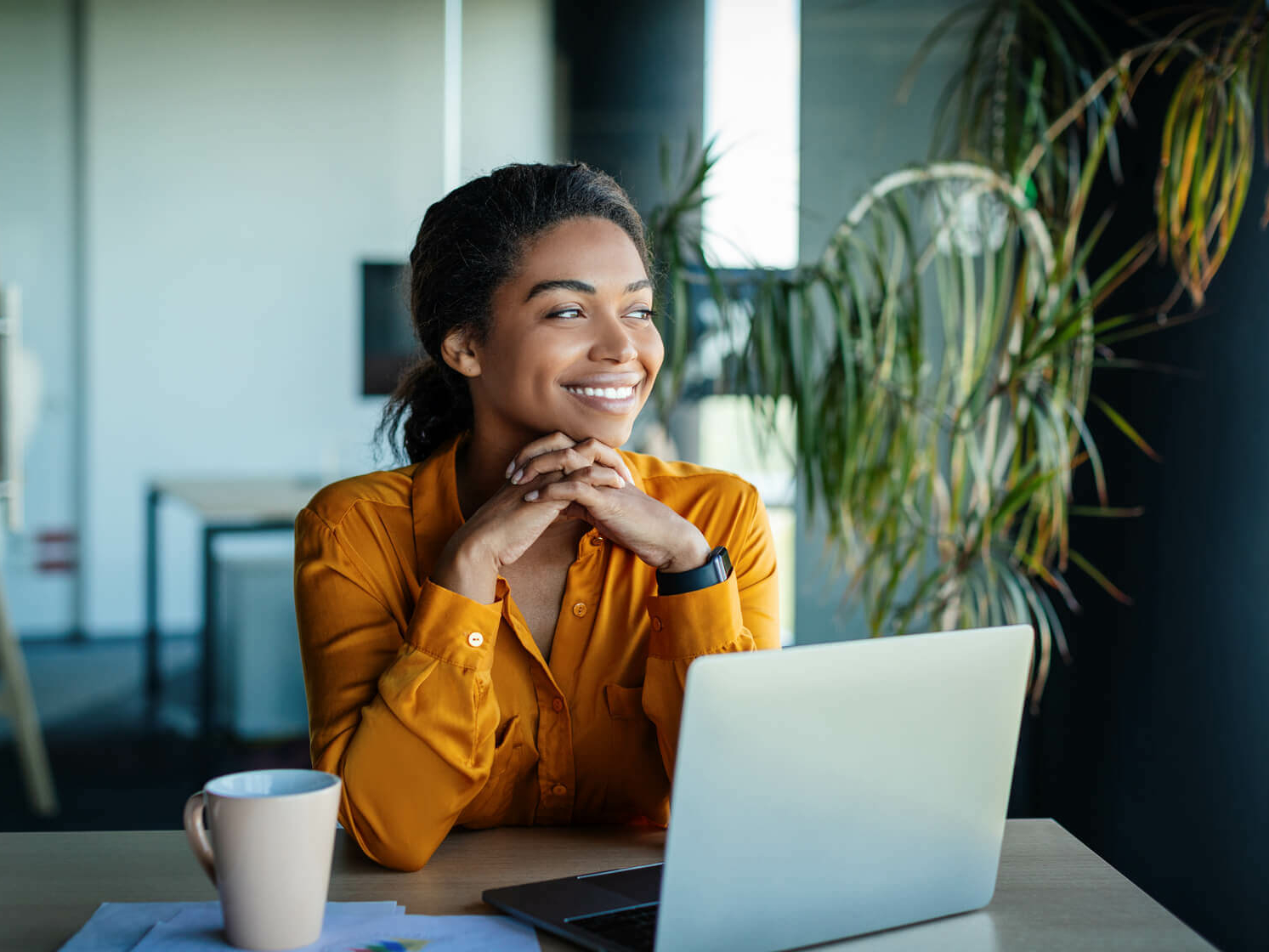 Happy lady using computer
