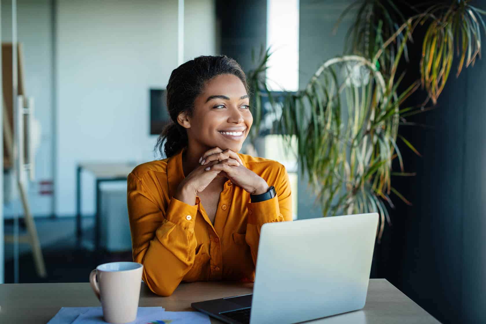 Happy lady using computer
