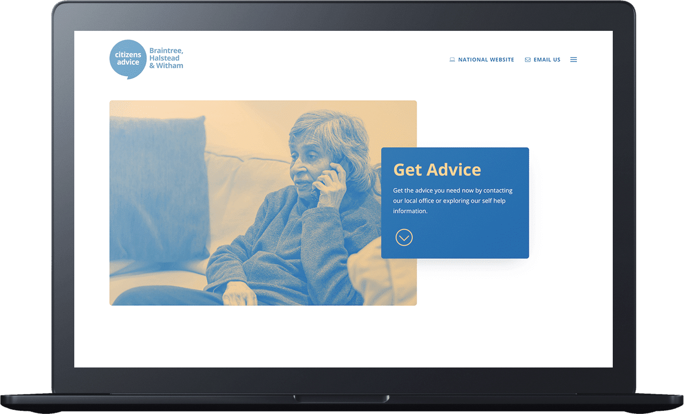 A laptop with a woman on it designing a website for Citizens Advice.