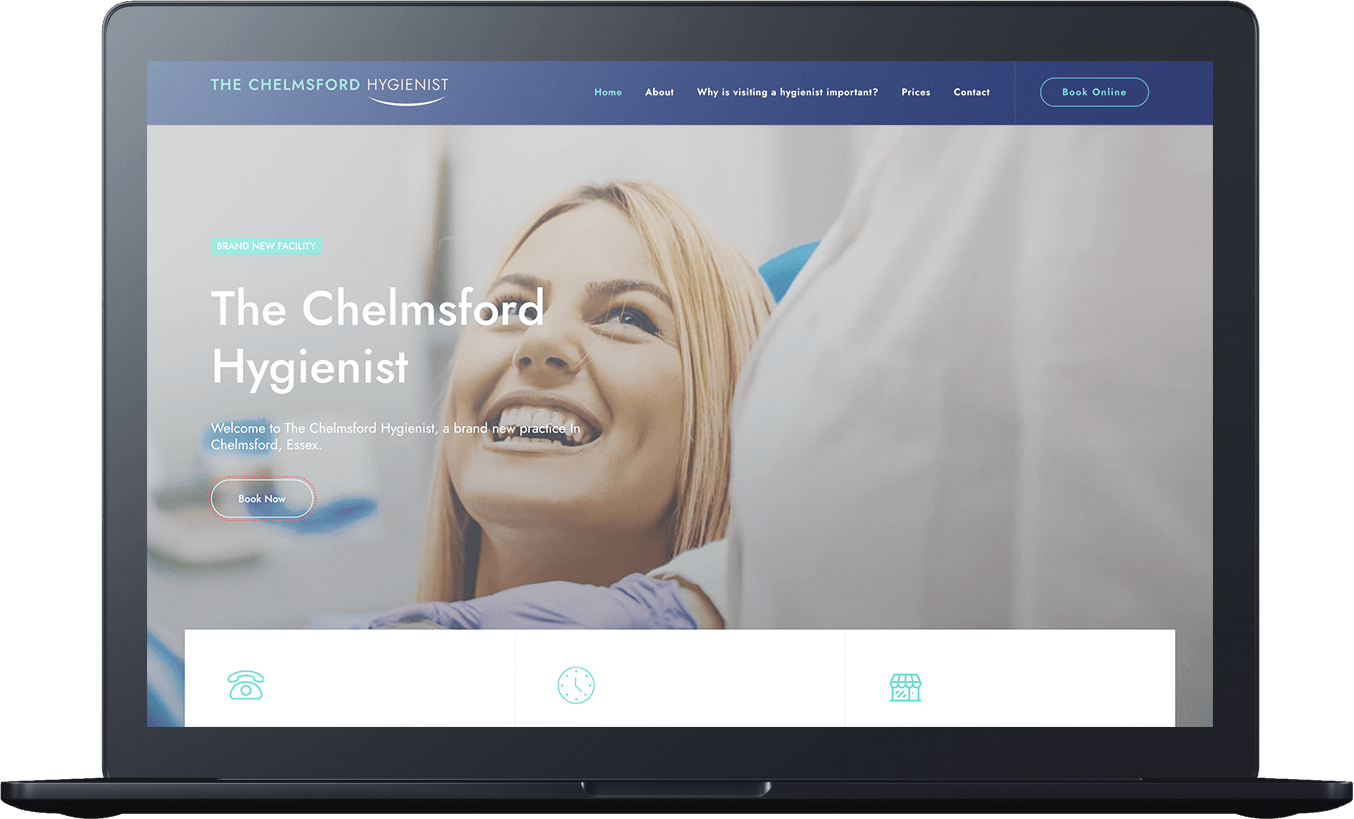 A dental hygienist smiling at a patient in a dental office appears on a laptop screen, showcasing the
