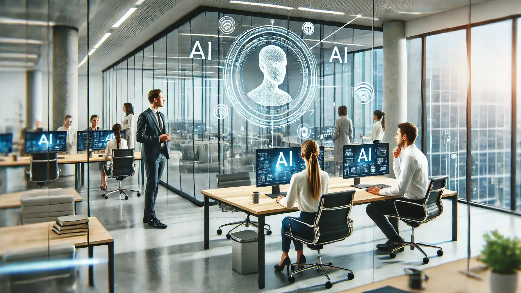 Office setting with people working at desks. A man is standing and presenting a large holographic AI interface on a glass wall, transforming business operations right before our eyes. Multiple screens and computers are visible in the modern workspace, showcasing the future of work.