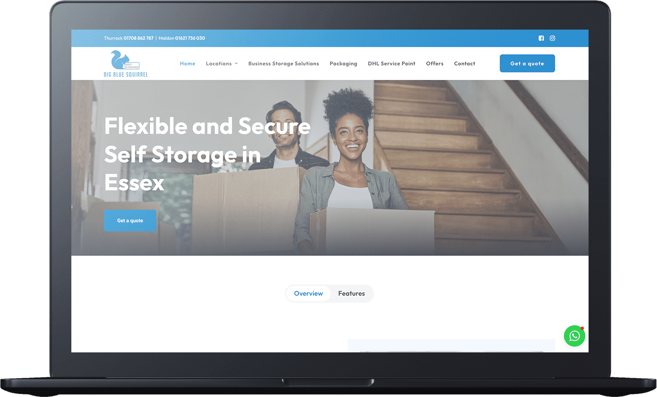 A woman carries a box up stairs on a storage service website displayed on a laptop, showcasing our work in making moving easier.