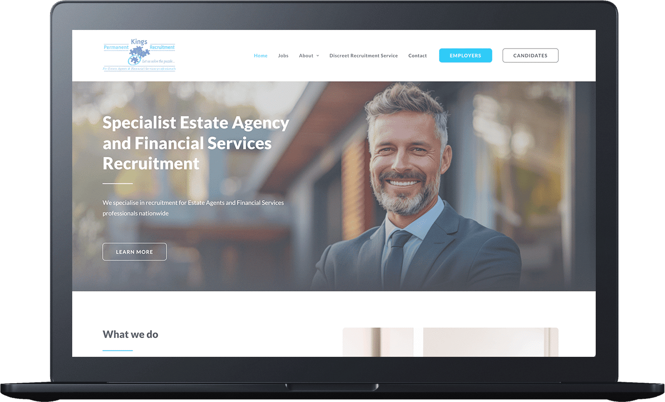 A laptop screen displays a website showcasing our work in specialist estate agency and financial services recruitment, with a suited man smiling in the background.