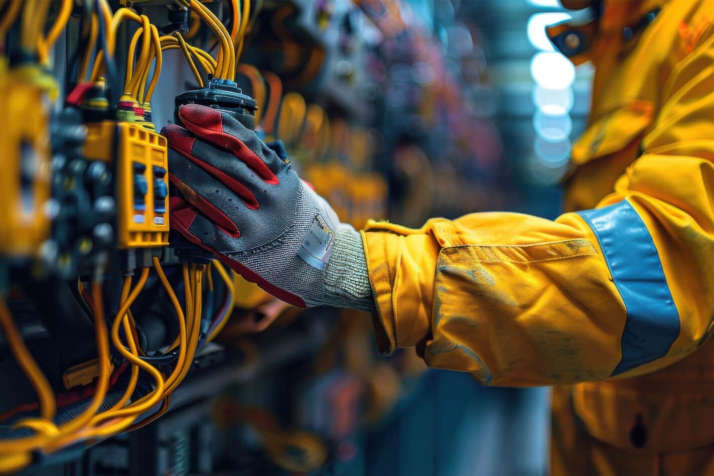 A worker in a yellow jacket and gloves operates electrical control panels with multiple wires and switches in an industrial setting.
