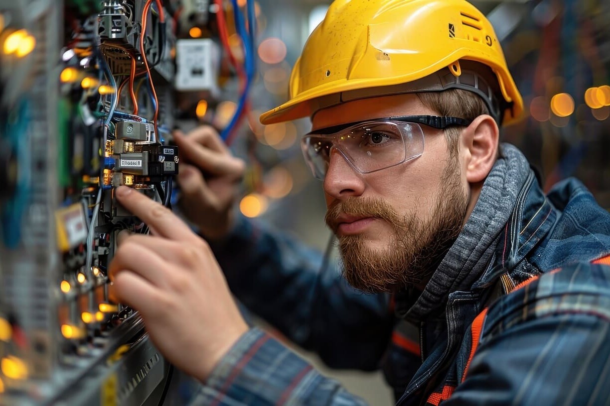 A technician wearing a hard hat and safety glasses works on wiring and circuitry in an industrial control panel.