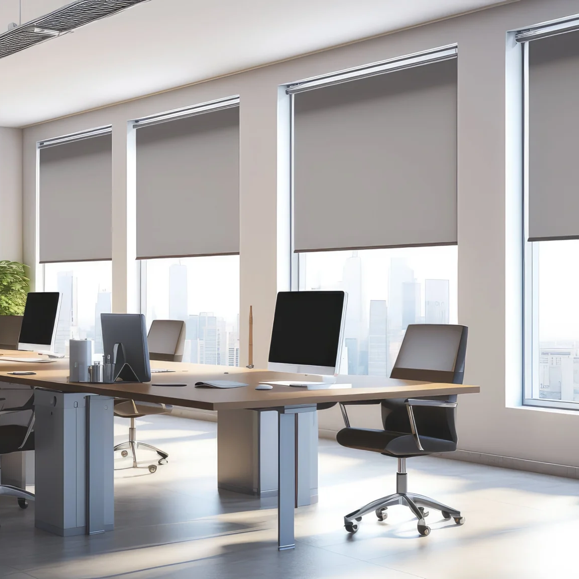 Modern office space with multiple desks, computers, and chairs features large windows fitted with sleek office blinds, offering a view of the city skyline. Several potted plants add a touch of greenery to the contemporary decor.