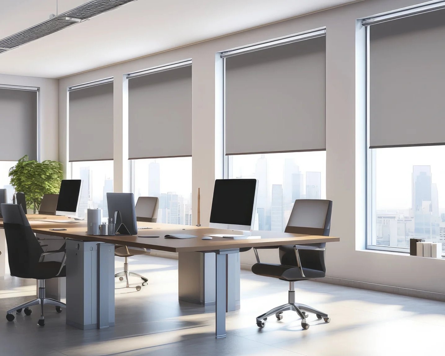 Modern office space with multiple desks, computers, and chairs features large windows fitted with sleek office blinds, offering a view of the city skyline. Several potted plants add a touch of greenery to the contemporary decor.