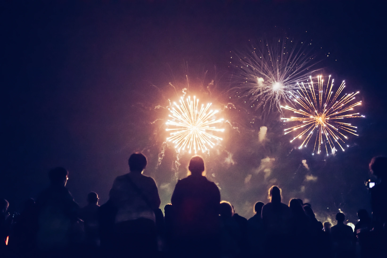 Silhouetted crowd watching colorful fireworks explode in the night sky at the Annual Maldon Firework Display.