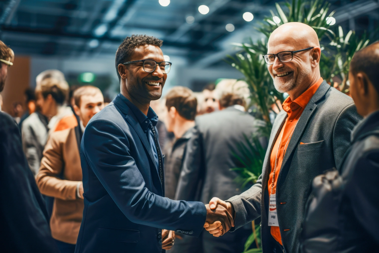 Two men in business attire smile and shake hands at the Chelmsford Business networking event, with others conversing in the background.