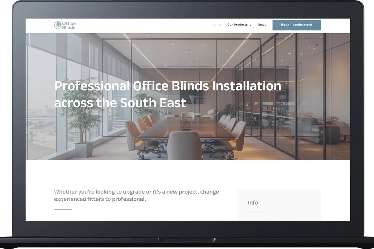 A website homepage on a laptop screen advertising office blinds installation, featuring a modern conference room with large windows and chairs arranged around a sleek meeting table.