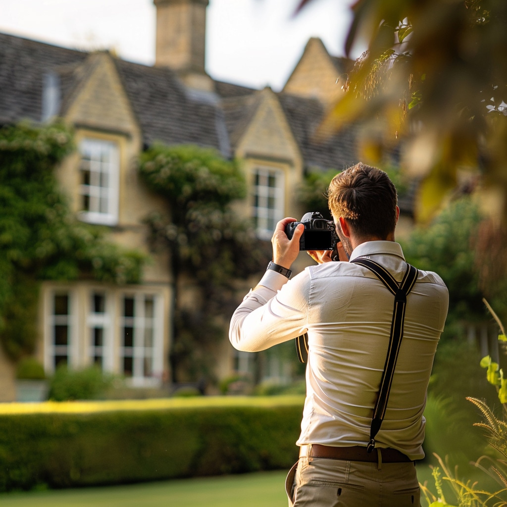 A man in a white shirt takes a photo of a stone house with ivy-covered walls and garden hedges, perfect for Warren Estate Agents’ showcase.