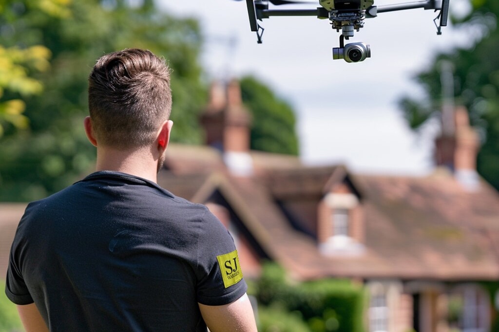 A man, wearing a black shirt with a yellow patch on the sleeve, operates a drone in a garden area with a house in the background, possibly capturing footage for SJ Warren Estate Agents.