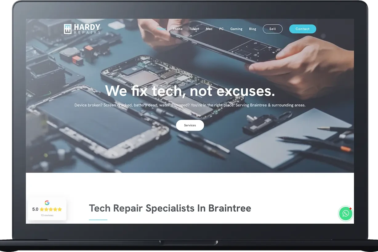 A computer screen displays the Hardy Repairs tech repair website with the slogan 