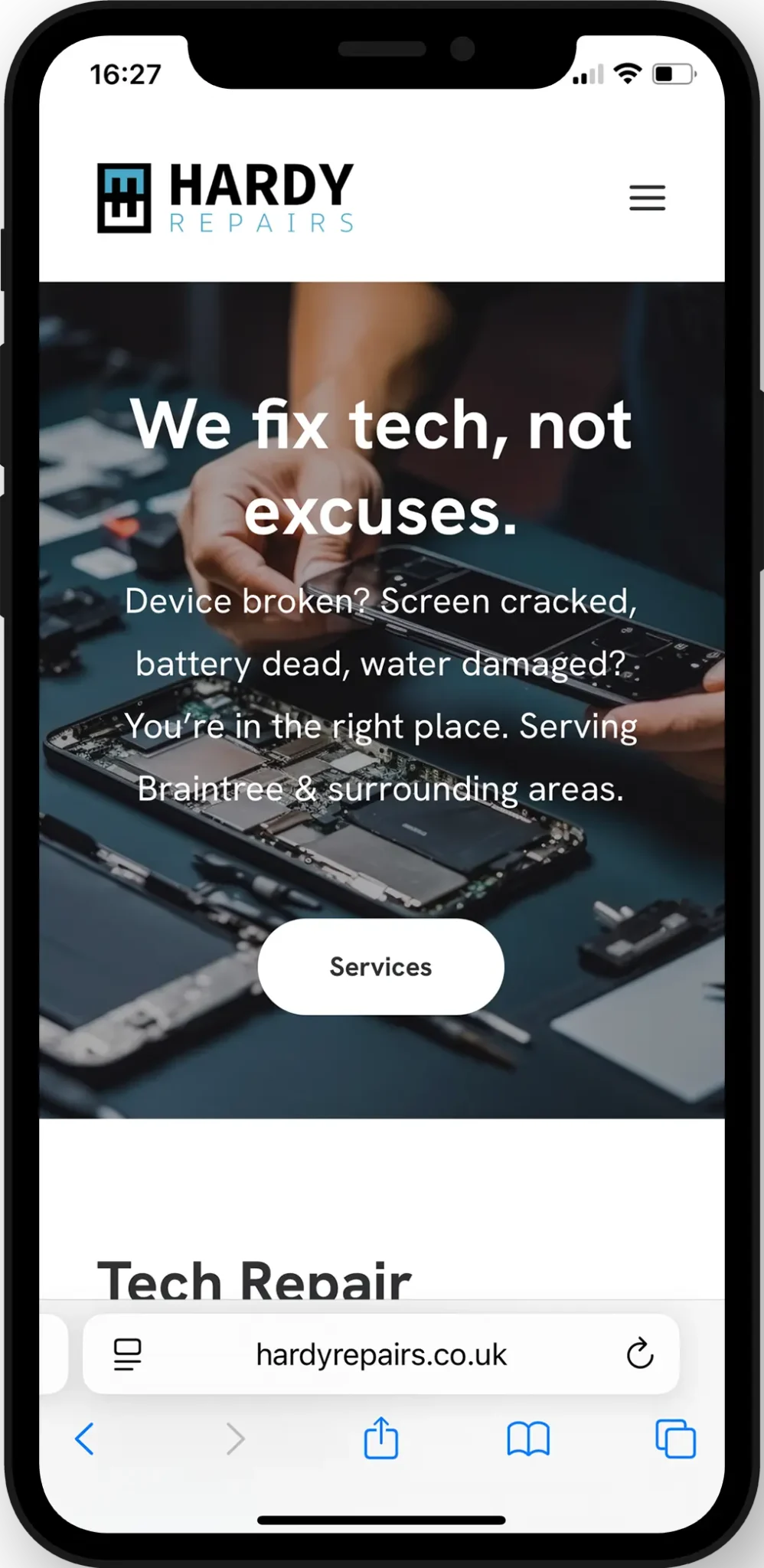 A smartphone displays the Hardy Repairs website homepage, designed by Braintree Web Design, showing their tech repair services message with a partially disassembled phone in the background.