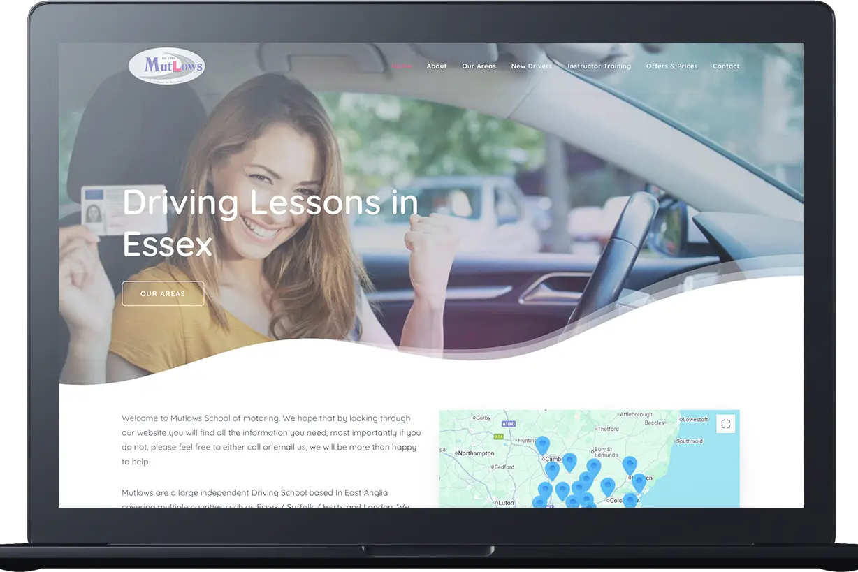 A laptop screen displays Mutlows Driving School's website, featuring a smiling woman holding a car key and the text 