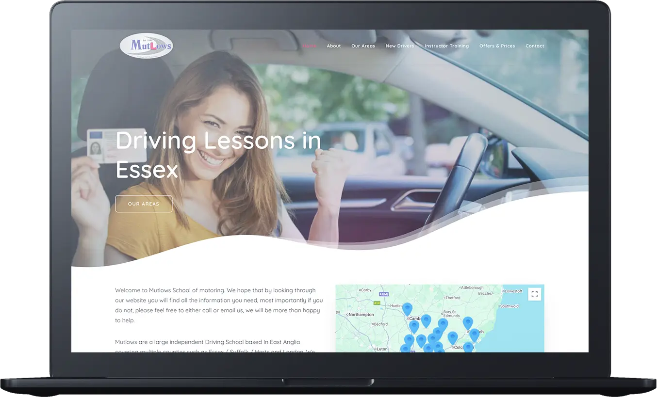 A laptop screen displays Mutlows Driving School's website, featuring a smiling woman holding a car key and the text 