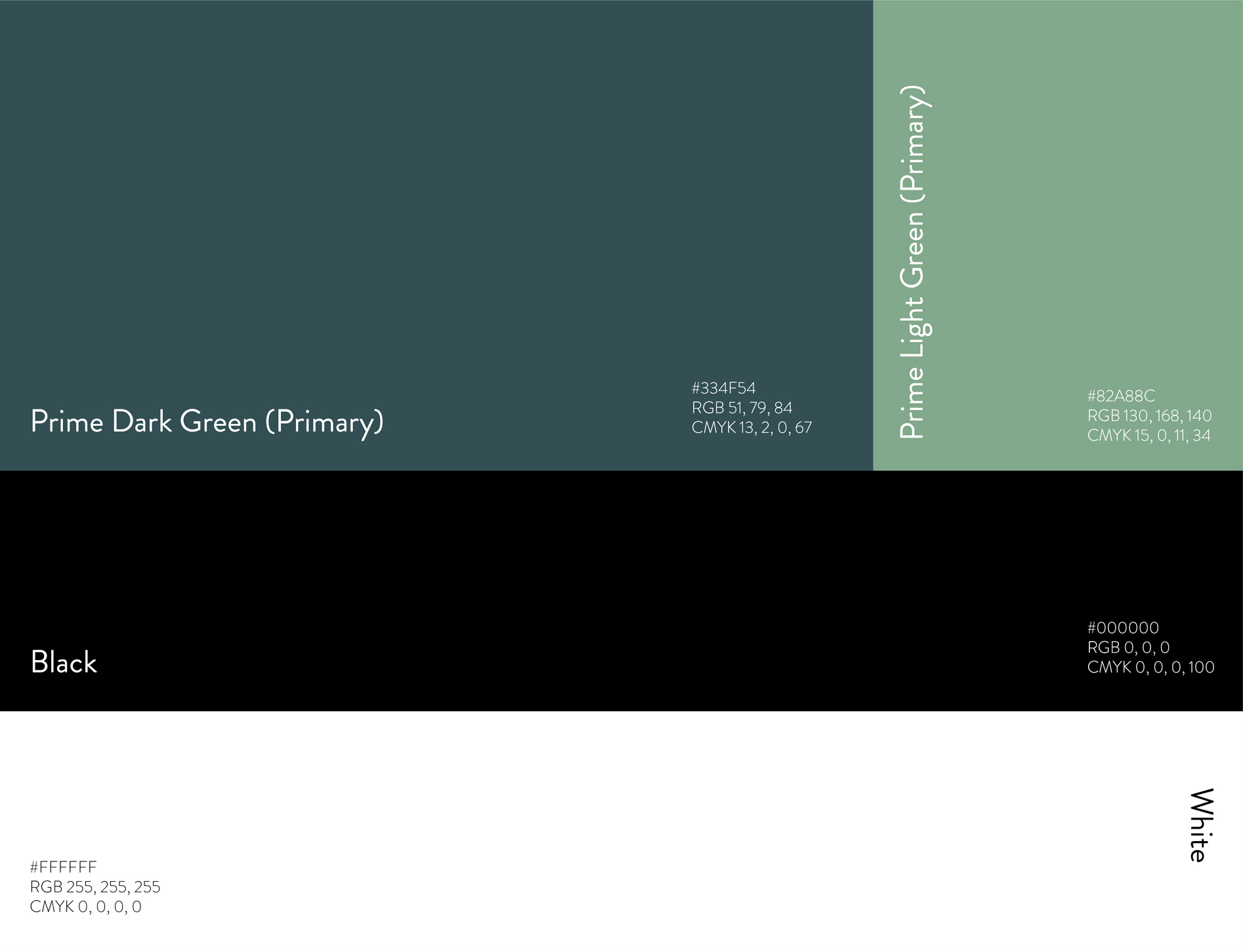 Color palette featuring Prime Dark Green, Prime Light Green, Black, and White, each labeled with hex, RGB, and CMYK values on a divided background.