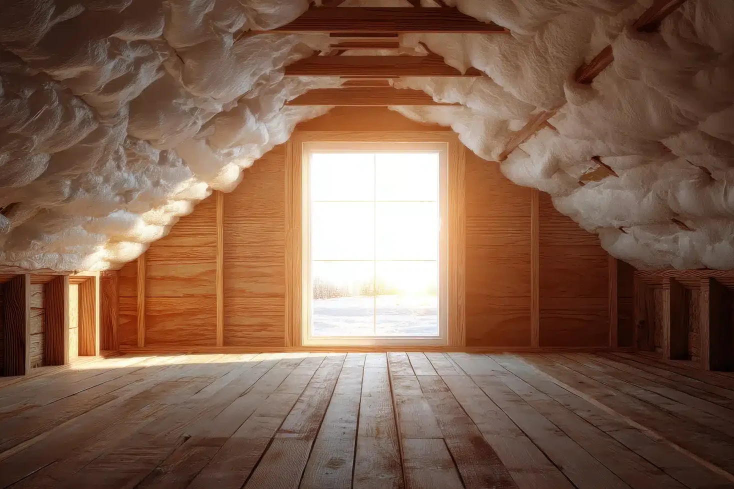 Sunlight streams through a window into a wooden loft with exposed beams and walls lined with thick insulation, where a Compliance Assistant ensures everything meets safety standards.
